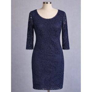 Laundry by Shelli Segal Navy Blue Floral Lace Sheath Dress 3/4 Sleeve Size 8